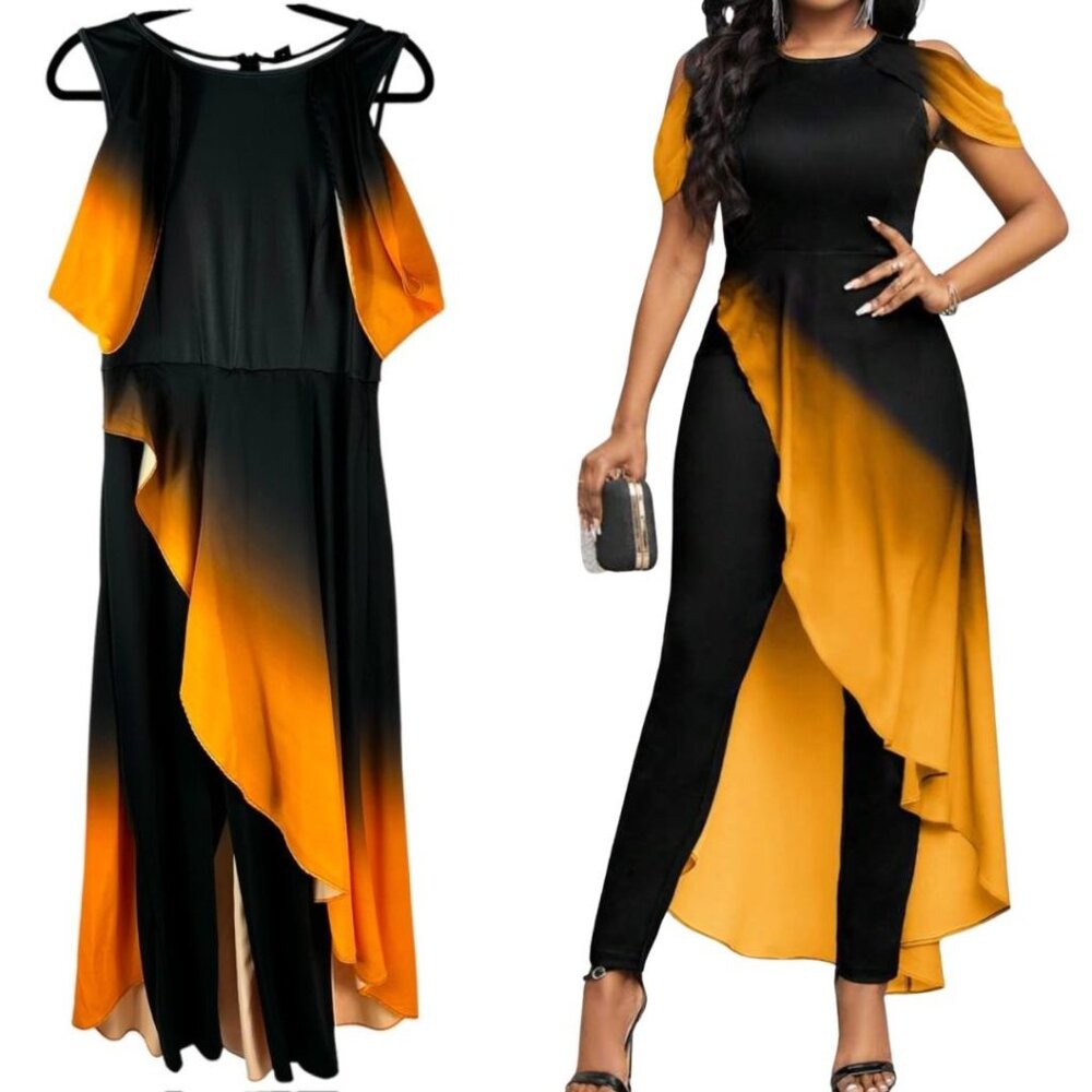 Women's Black & Orange Gradient Overlay Jumpsuit Dress With Cape Sleeves by Shei